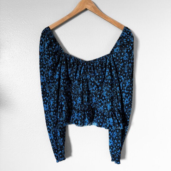 Zara Cropped Peasant Blouse in Blue Black Floral Print Womens Medium Boho Y2K - Picture 12 of 14